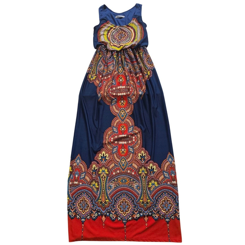 Bailey Blue Maxi Dress Small Navy Red Boho Medallion Paisley Sleeveless - Picture 2 of 7
